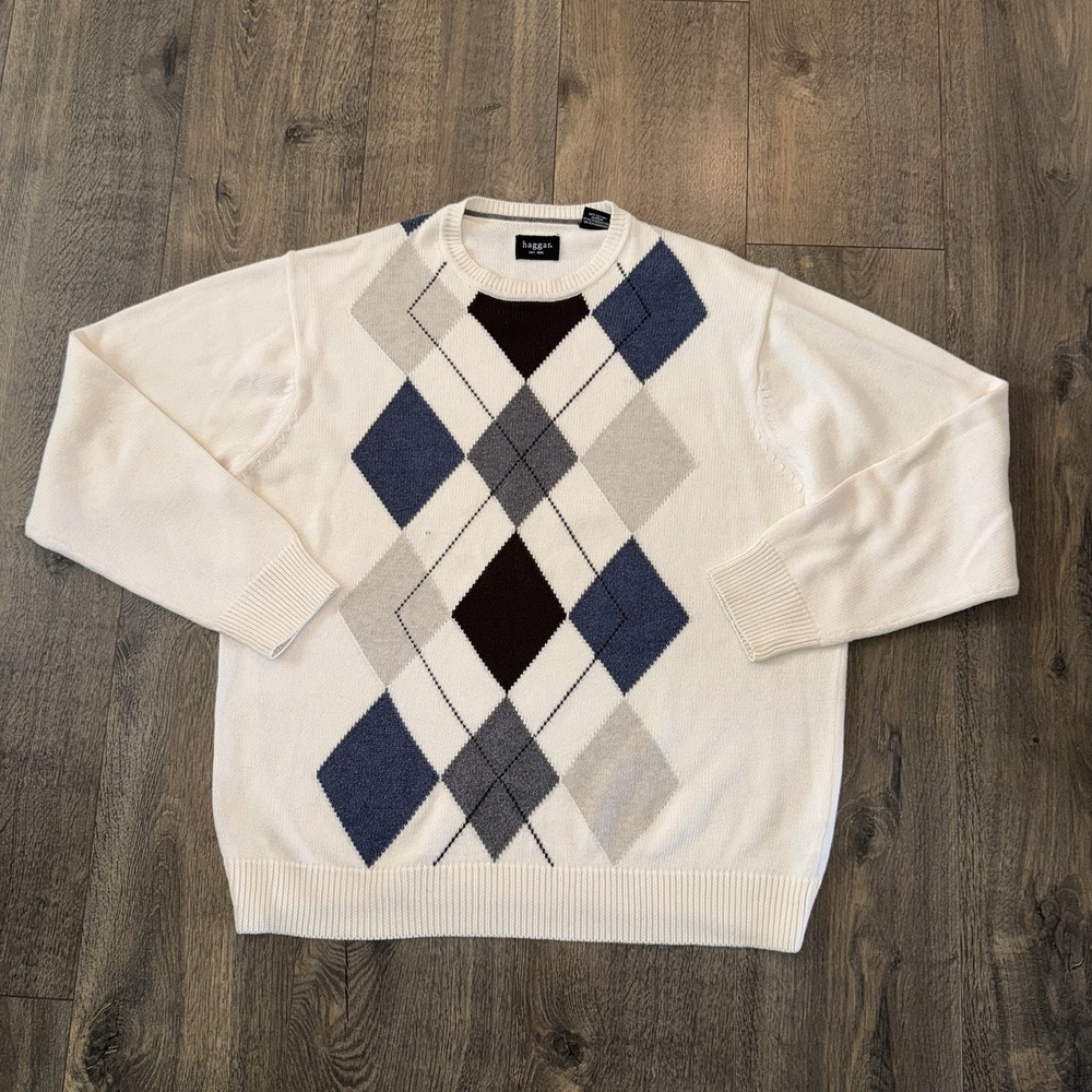 Hagger Men's Sweater Size M Ivory Cotton  Diamond Preppy Fisherman Cardigan